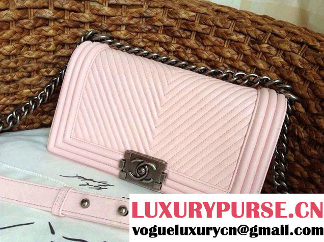 Chanel Boy Flap Bag With Herringbone Chevron Stitiching in Pink - Fall 2014