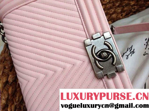 Chanel Boy Flap Bag With Herringbone Chevron Stitiching in Pink - Fall 2014