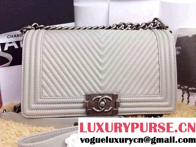 Chanel Boy Flap Bag With Herringbone Chevron Stitiching in Gray - Fall 2014