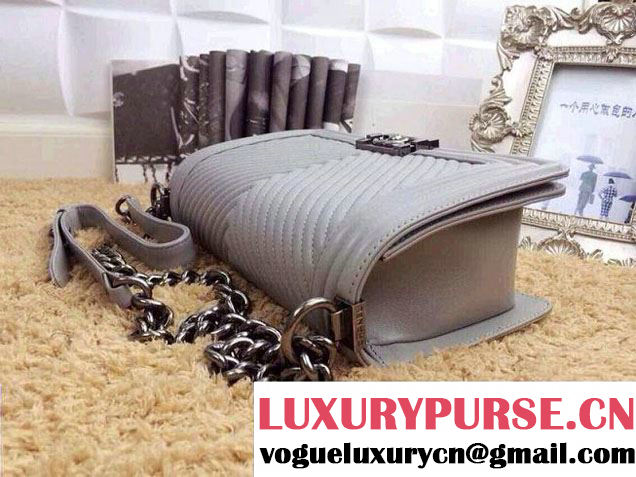 Chanel Boy Flap Bag With Herringbone Chevron Stitiching in Gray - Fall 2014