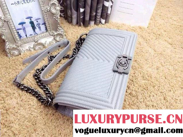 Chanel Boy Flap Bag With Herringbone Chevron Stitiching in Gray - Fall 2014