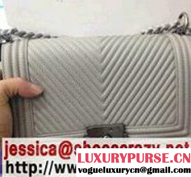 Chanel Boy Flap Bag With Herringbone Chevron Stitiching in Gray - Fall 2014
