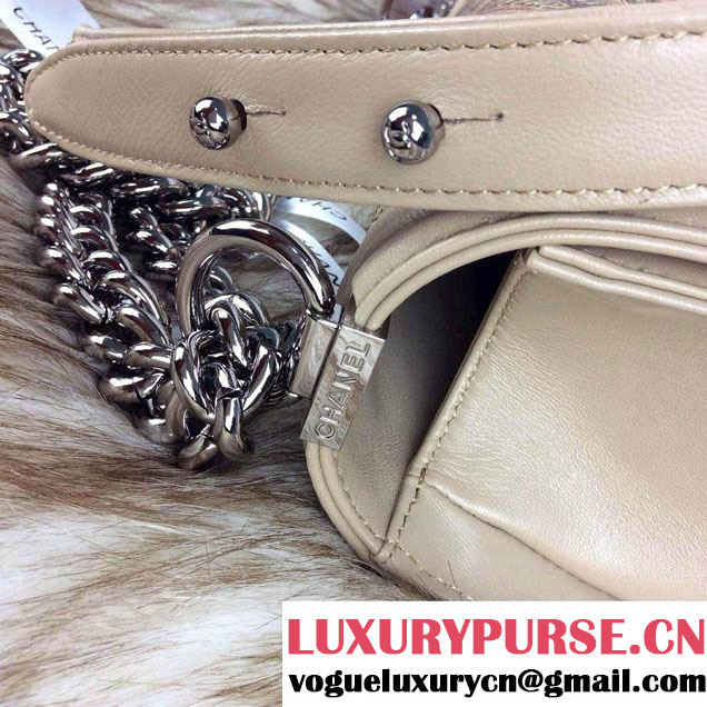 Chanel Leather Boy Sequins Flap Shoulder Bag Apricot 2014