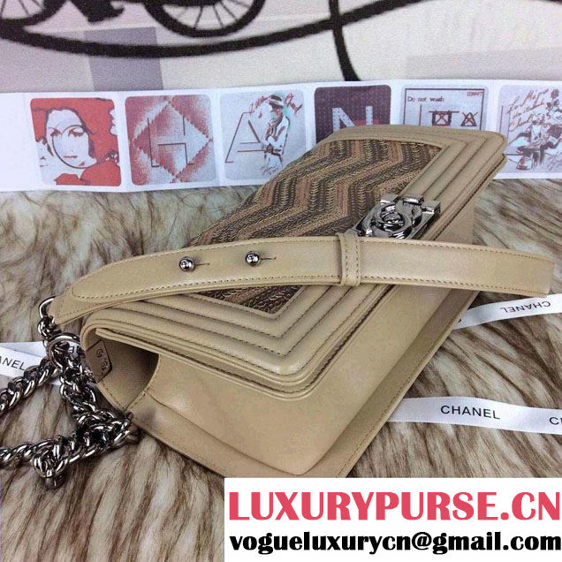 Chanel Leather Boy Sequins Flap Shoulder Bag Apricot 2014