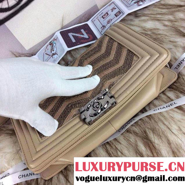 Chanel Leather Boy Sequins Flap Shoulder Bag Apricot 2014