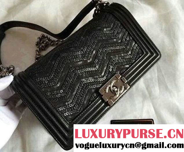 Chanel Leather Boy Sequins Flap Shoulder Bag Black 2014