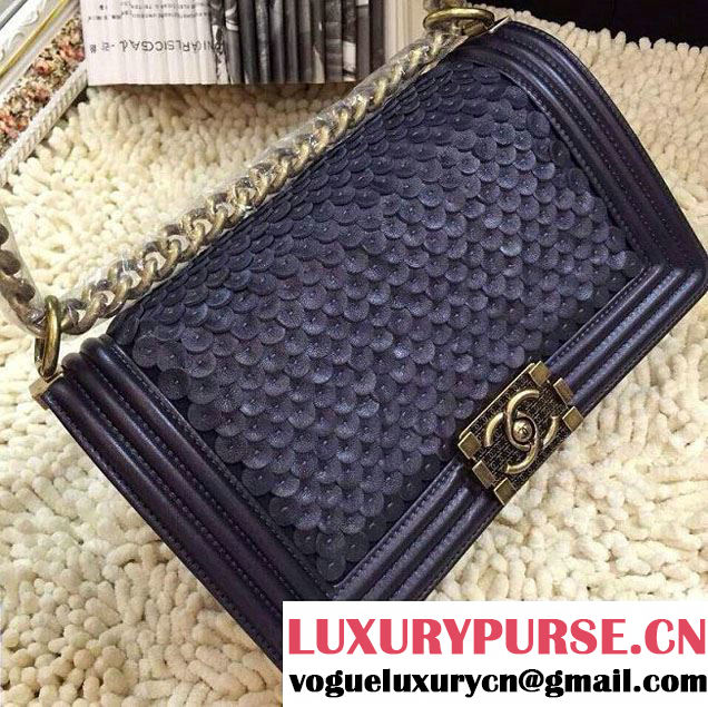 Chanel Scaly Boy Metallic Lambskin Flap Bag Black Embossed Gold Buckle Cruise 2015