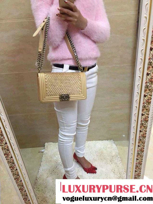 Chanel Boy Metallic Lambskin Flap Bag Golden Embossed Gold Buckle Cruise 2015