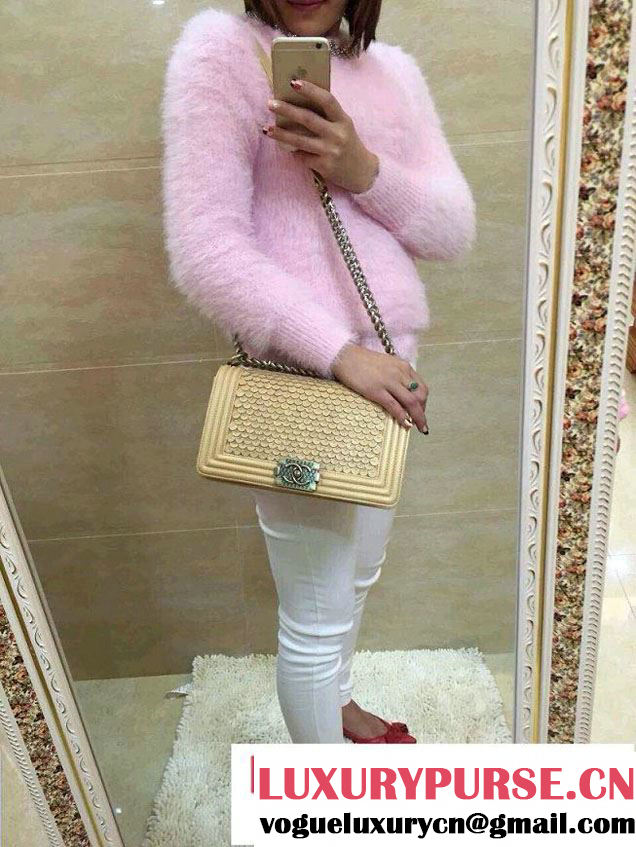 Chanel Boy Metallic Lambskin Flap Bag Golden Embossed Gold Buckle Cruise 2015
