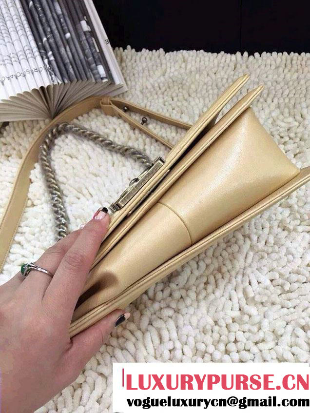Chanel Boy Metallic Lambskin Flap Bag Golden Embossed Gold Buckle Cruise 2015