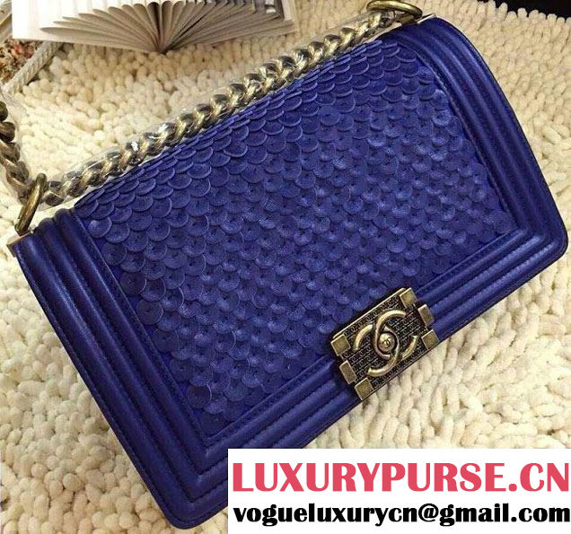 Chanel Scaly Boy Metallic Lambskin Flap Bag Blue Embossed Gold Buckle Cruise 2015