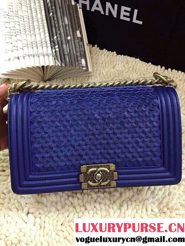 Chanel Scaly Boy Metallic Lambskin Flap Bag Blue Embossed Gold Buckle Cruise 2015