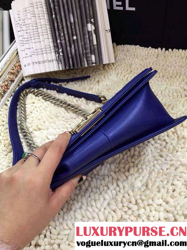 Chanel Scaly Boy Metallic Lambskin Flap Bag Blue Embossed Gold Buckle Cruise 2015