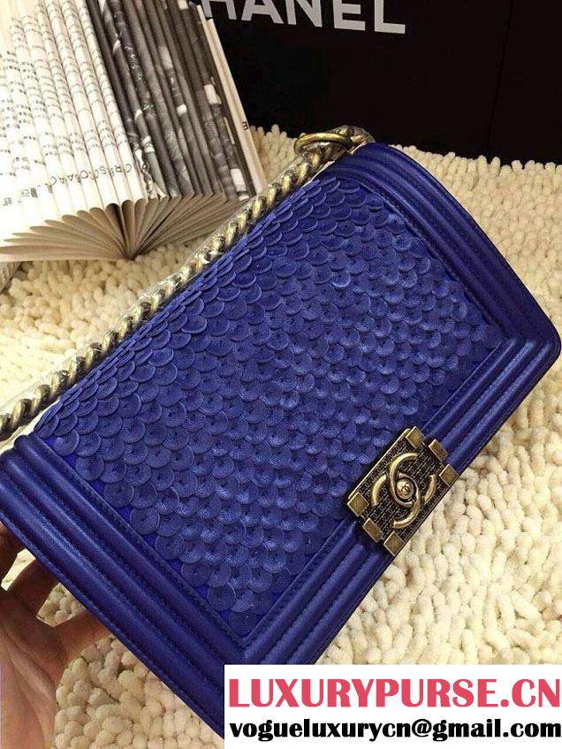 Chanel Scaly Boy Metallic Lambskin Flap Bag Blue Embossed Gold Buckle Cruise 2015
