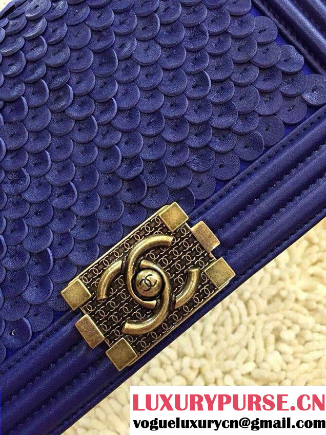 Chanel Scaly Boy Metallic Lambskin Flap Bag Blue Embossed Gold Buckle Cruise 2015