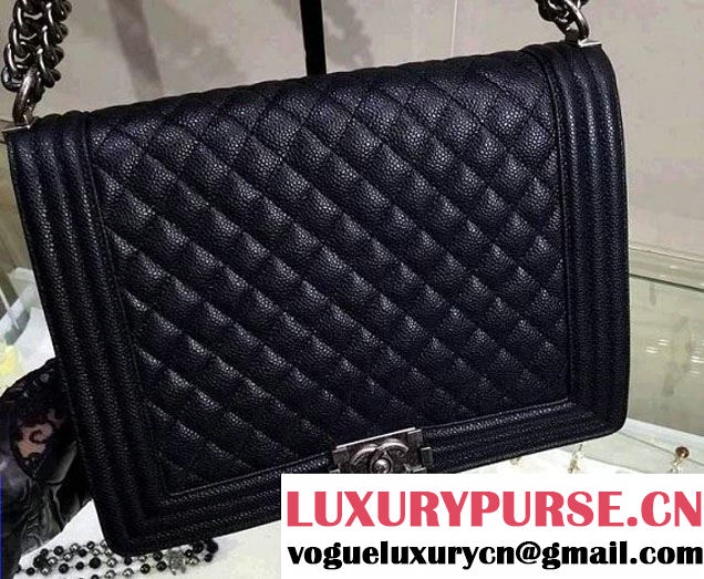 Chanel Large Quilted Boy Flap Bag in Caviar Leather Black with Silver Hardware