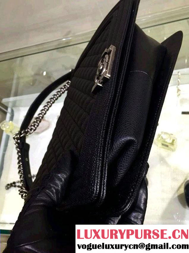 Chanel Large Quilted Boy Flap Bag in Caviar Leather Black with Silver Hardware