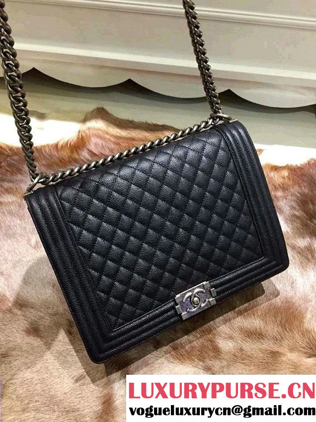 Chanel Large Quilted Boy Flap Bag in Caviar Leather Black with Silver Hardware