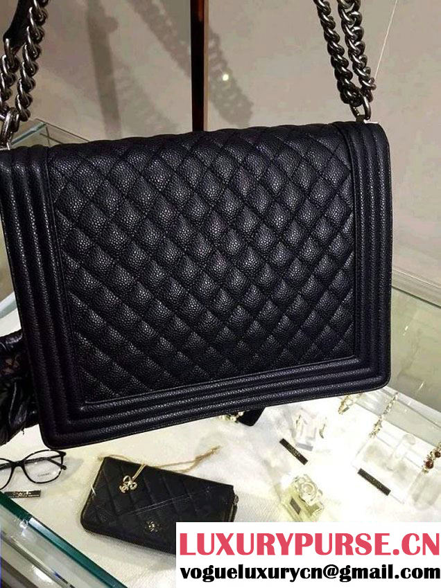 Chanel Large Quilted Boy Flap Bag in Caviar Leather Black with Silver Hardware