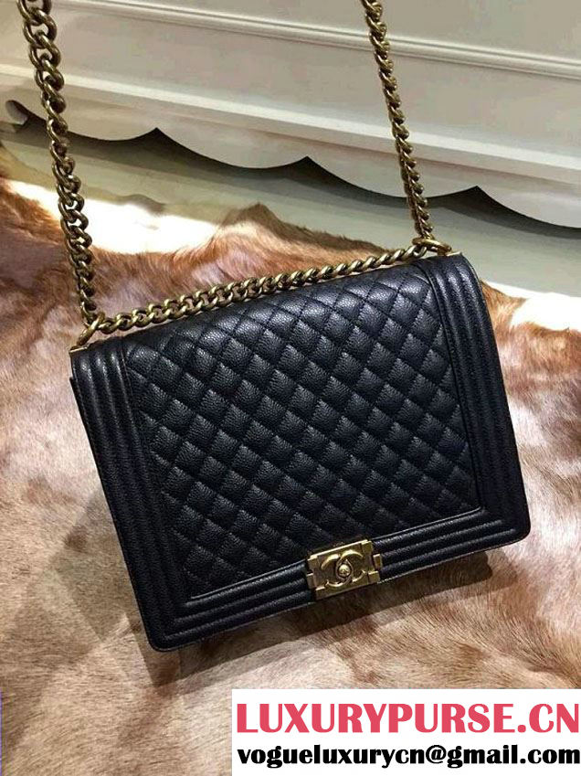 Chanel Large Quilted Boy Flap Bag in Caviar Leather Black with Gold Hardware