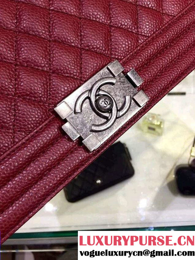 Chanel Large Quilted Boy Flap Bag in Caviar Leather Burgundy with Silver Hardware
