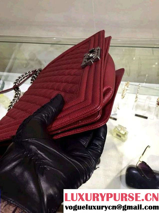 Chanel Large Quilted Boy Flap Bag in Caviar Leather Burgundy with Silver Hardware