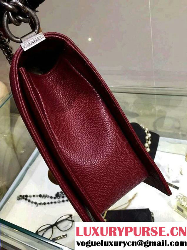 Chanel Large Quilted Boy Flap Bag in Caviar Leather Burgundy with Silver Hardware