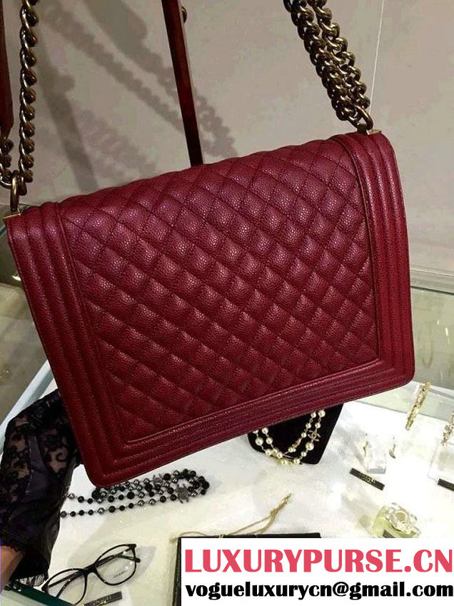 Chanel Large Quilted Boy Flap Bag in Caviar Leather Burgundy with Gold Hardware