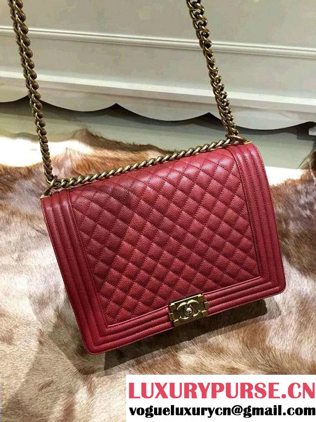 Chanel Large Quilted Boy Flap Bag in Caviar Leather Burgundy with Gold Hardware
