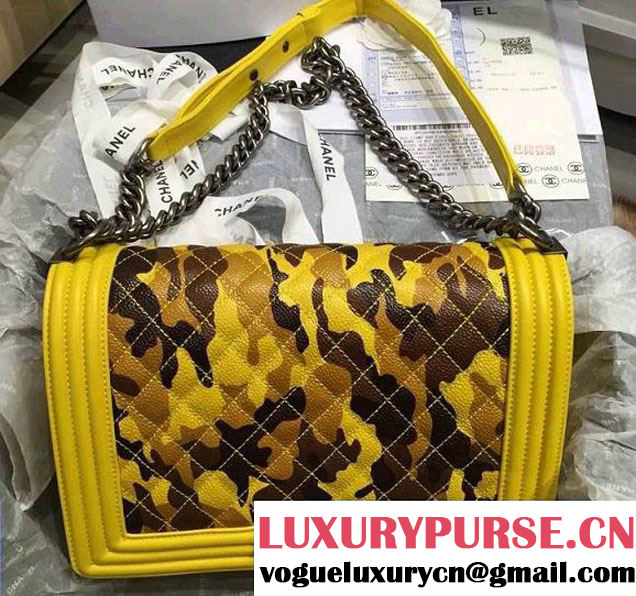 Chanel Camouflage Le Boy Flap Bag Yellow in Lambskin and Grained Leahter 2015