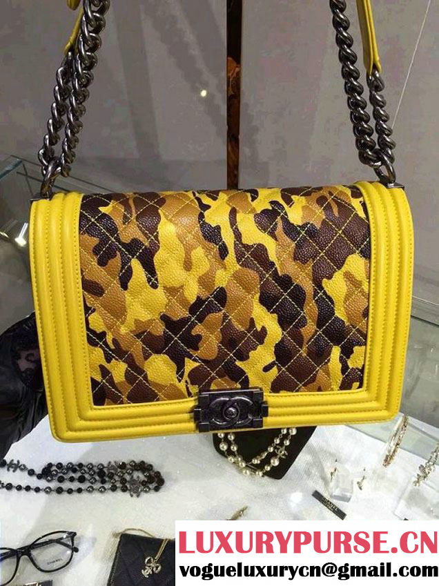 Chanel Camouflage Le Boy Flap Bag Yellow in Lambskin and Grained Leahter 2015