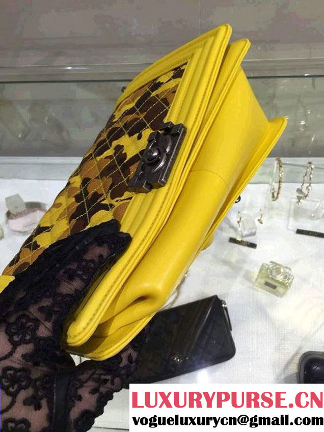 Chanel Camouflage Le Boy Flap Bag Yellow in Lambskin and Grained Leahter 2015