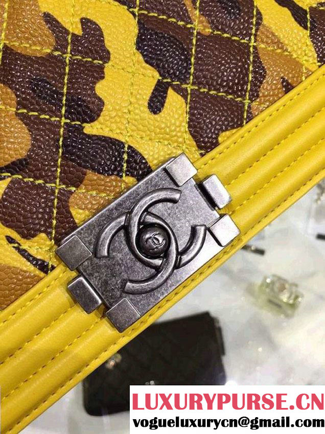 Chanel Camouflage Le Boy Flap Bag Yellow in Lambskin and Grained Leahter 2015