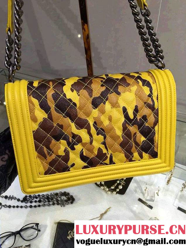 Chanel Camouflage Le Boy Flap Bag Yellow in Lambskin and Grained Leahter 2015