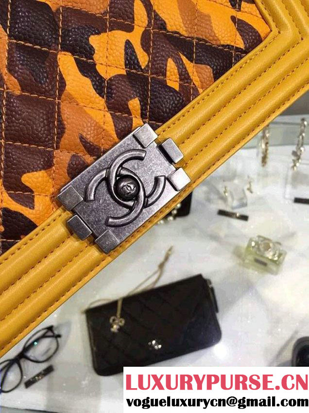 Chanel Camouflage Le Boy Flap Bag Ginger in Lambskin and Grained Leahter 2015