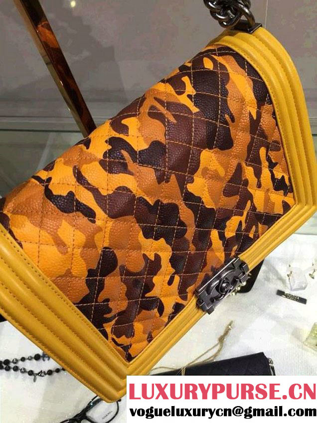 Chanel Camouflage Le Boy Flap Bag Ginger in Lambskin and Grained Leahter 2015