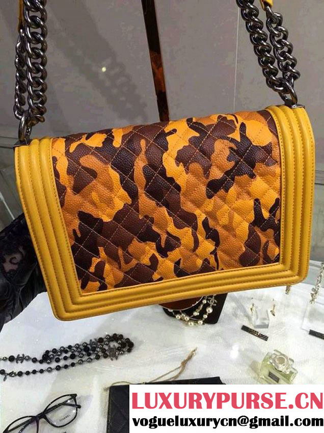 Chanel Camouflage Le Boy Flap Bag Ginger in Lambskin and Grained Leahter 2015