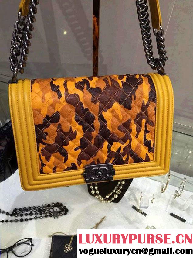 Chanel Camouflage Le Boy Flap Bag Ginger in Lambskin and Grained Leahter 2015