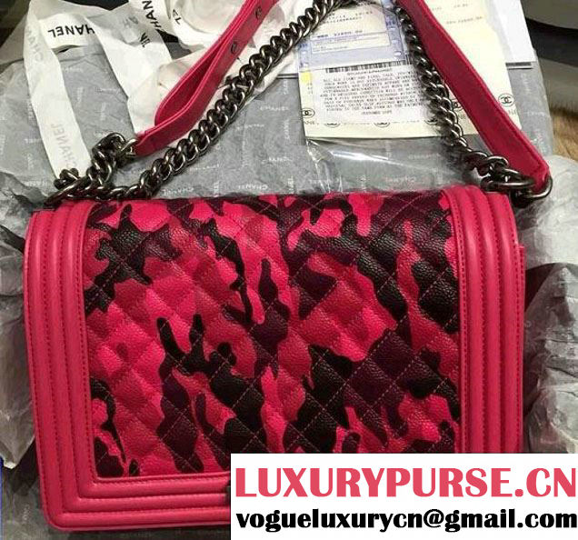 Chanel Camouflage Le Boy Flap Bag Fushia in Lambskin and Grained Leahter 2015