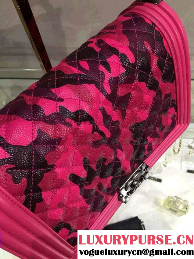 Chanel Camouflage Le Boy Flap Bag Fushia in Lambskin and Grained Leahter 2015