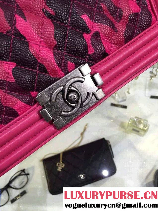 Chanel Camouflage Le Boy Flap Bag Fushia in Lambskin and Grained Leahter 2015