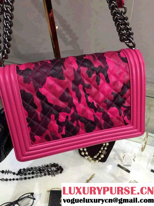 Chanel Camouflage Le Boy Flap Bag Fushia in Lambskin and Grained Leahter 2015