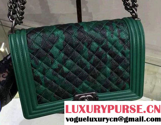 Chanel Camouflage Le Boy Flap Bag Green in Lambskin and Grained Leahter 2015