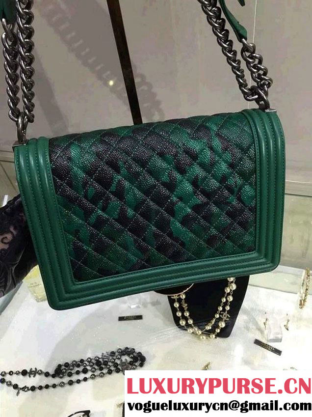 Chanel Camouflage Le Boy Flap Bag Green in Lambskin and Grained Leahter 2015