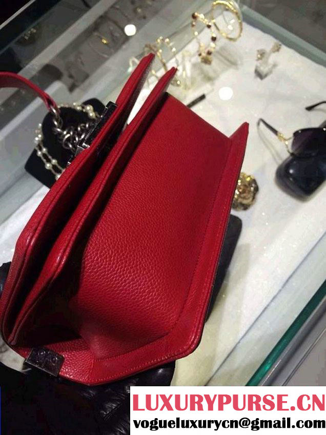 Chanel Small Boy Flap Shoulder Bag Red Caviar Leather with Silver Hardware
