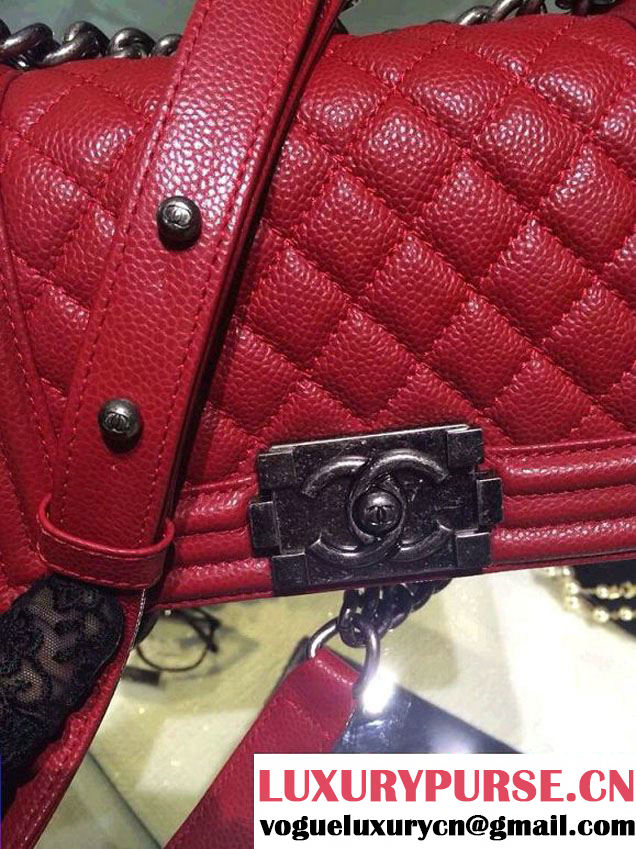 Chanel Small Boy Flap Shoulder Bag Red Caviar Leather with Silver Hardware