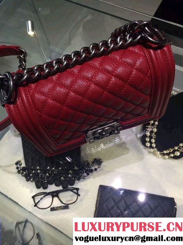 Chanel Small Boy Flap Shoulder Bag Red Caviar Leather with Silver Hardware