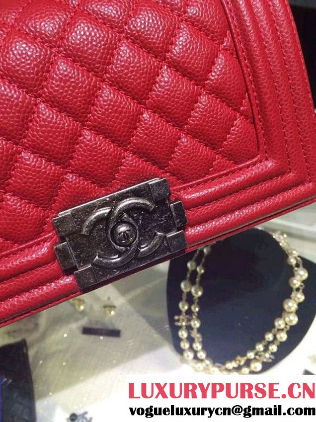 Chanel Small Boy Flap Shoulder Bag Red Caviar Leather with Silver Hardware