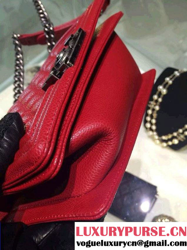 Chanel Small Boy Flap Shoulder Bag Red Caviar Leather with Silver Hardware