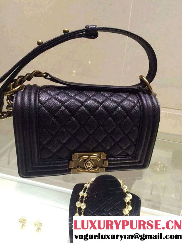 Chanel Small Boy Flap Shoulder Bag Black Caviar Leather with Golden Hardware